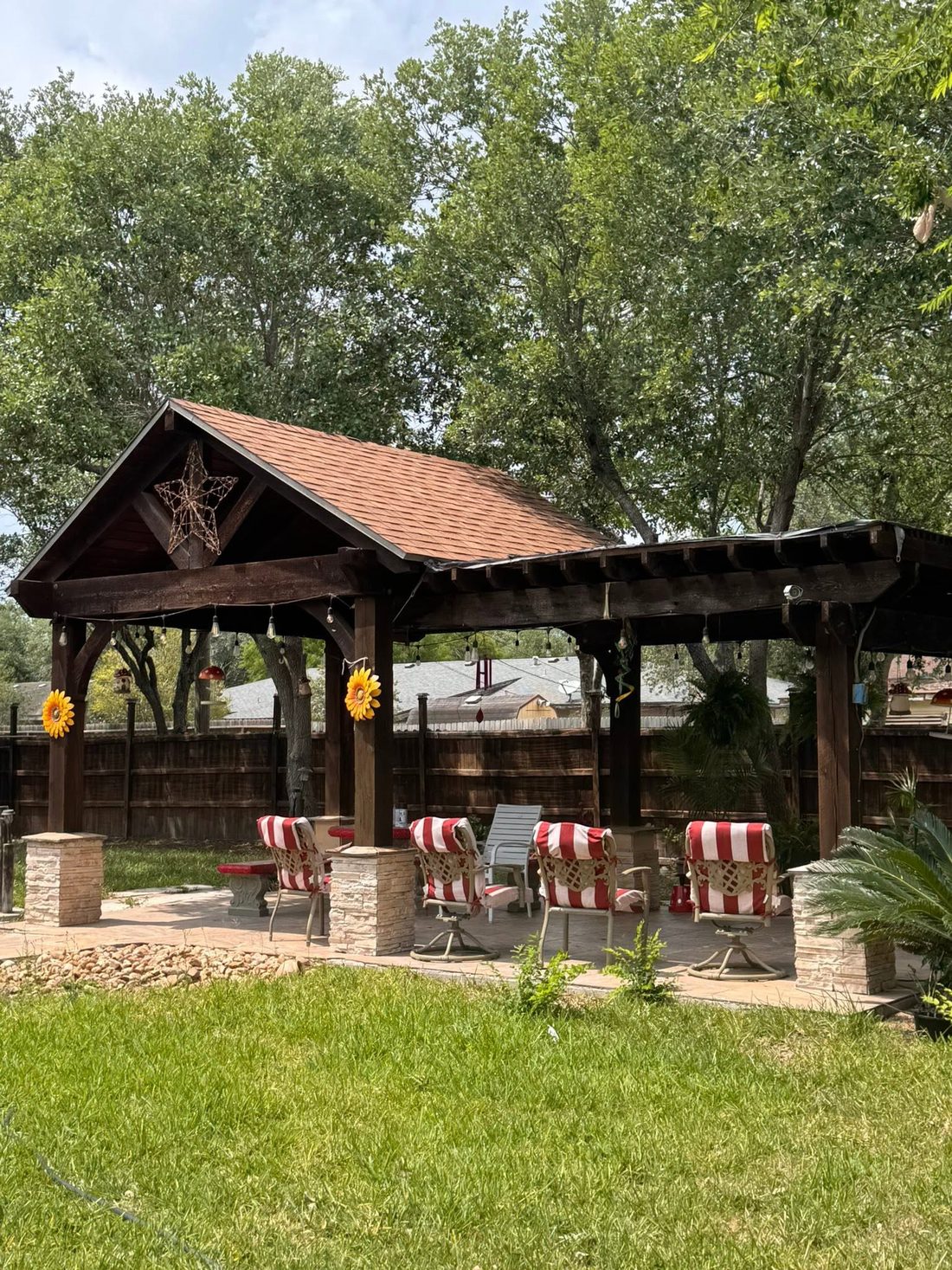 Backyard pavilion with shingle roof